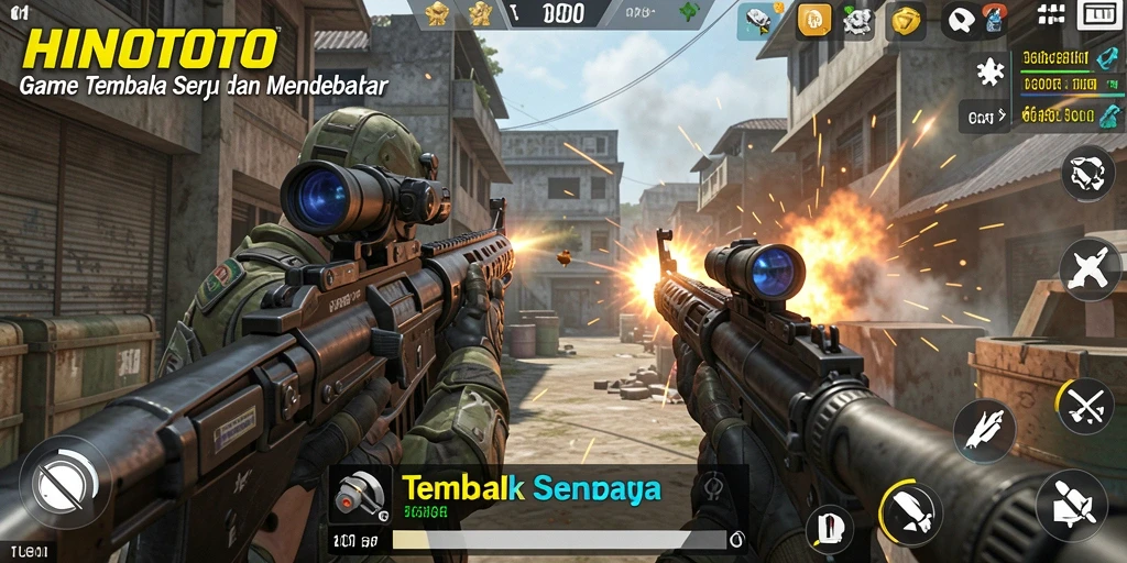 Tampilan antarmuka HINOTOTO dengan berbagai pilihan senjata dan mode permainan.